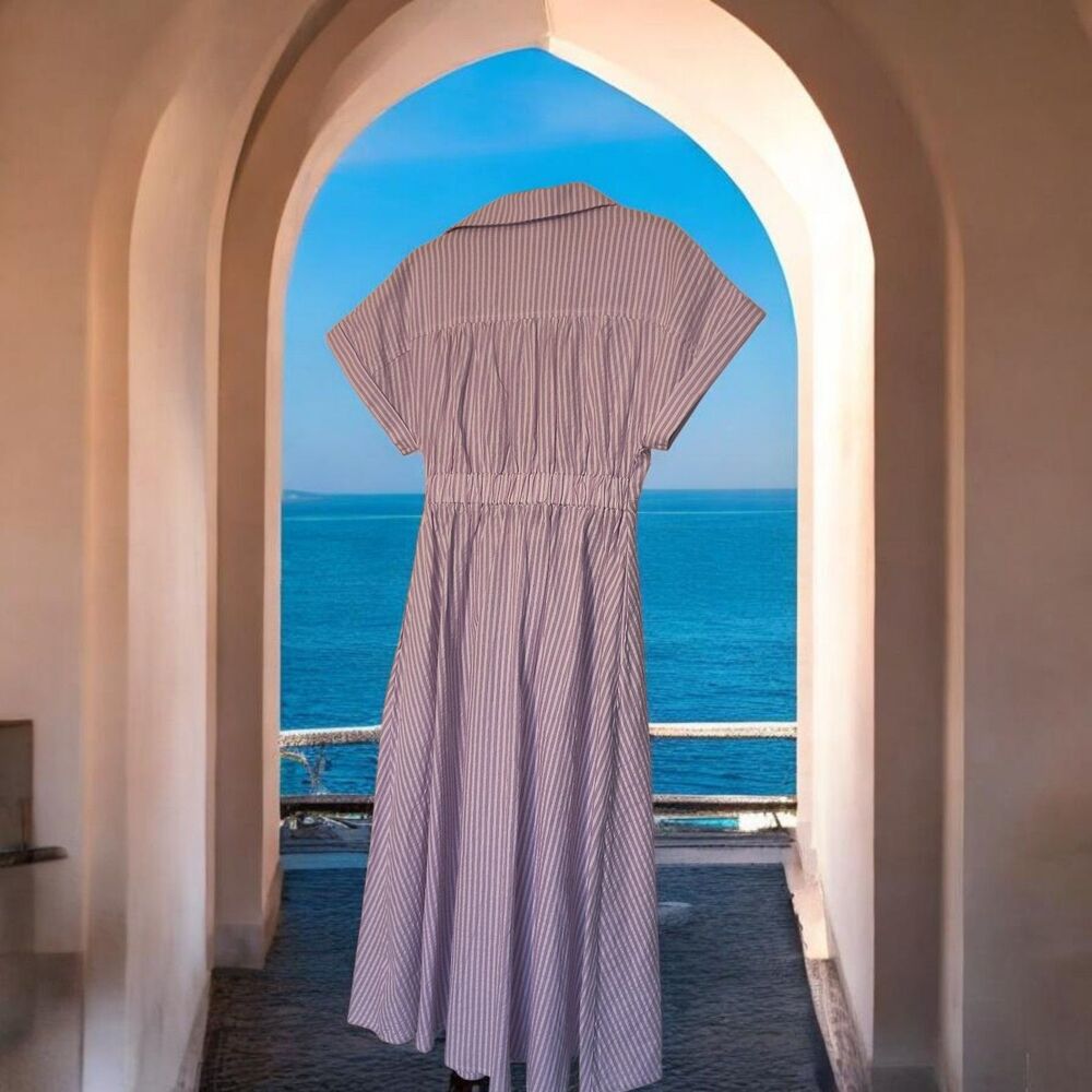 Size S, NWOT, Purple & White Tie Front Maxi Dress | Cotton Coastal Preppy Flare - Picture 3 of 8